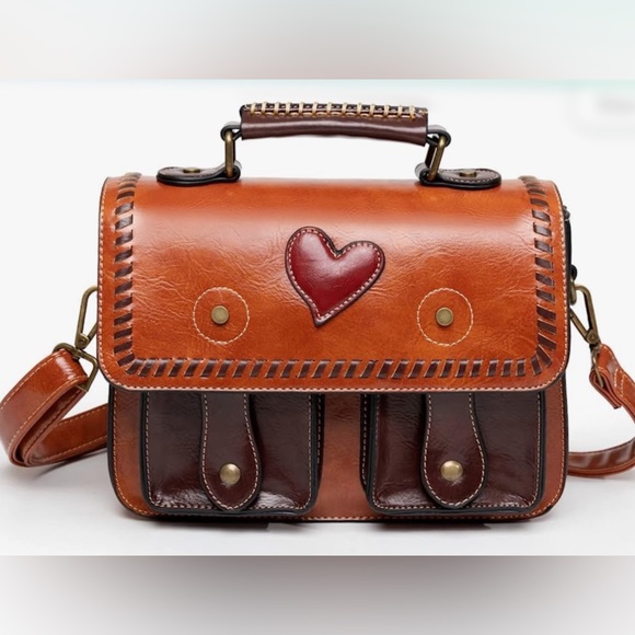 NEW Cambridge Heart Shoulder Satchel Bag Colorblock Brown & Cognac Multi NWT - Picture 2 of 10